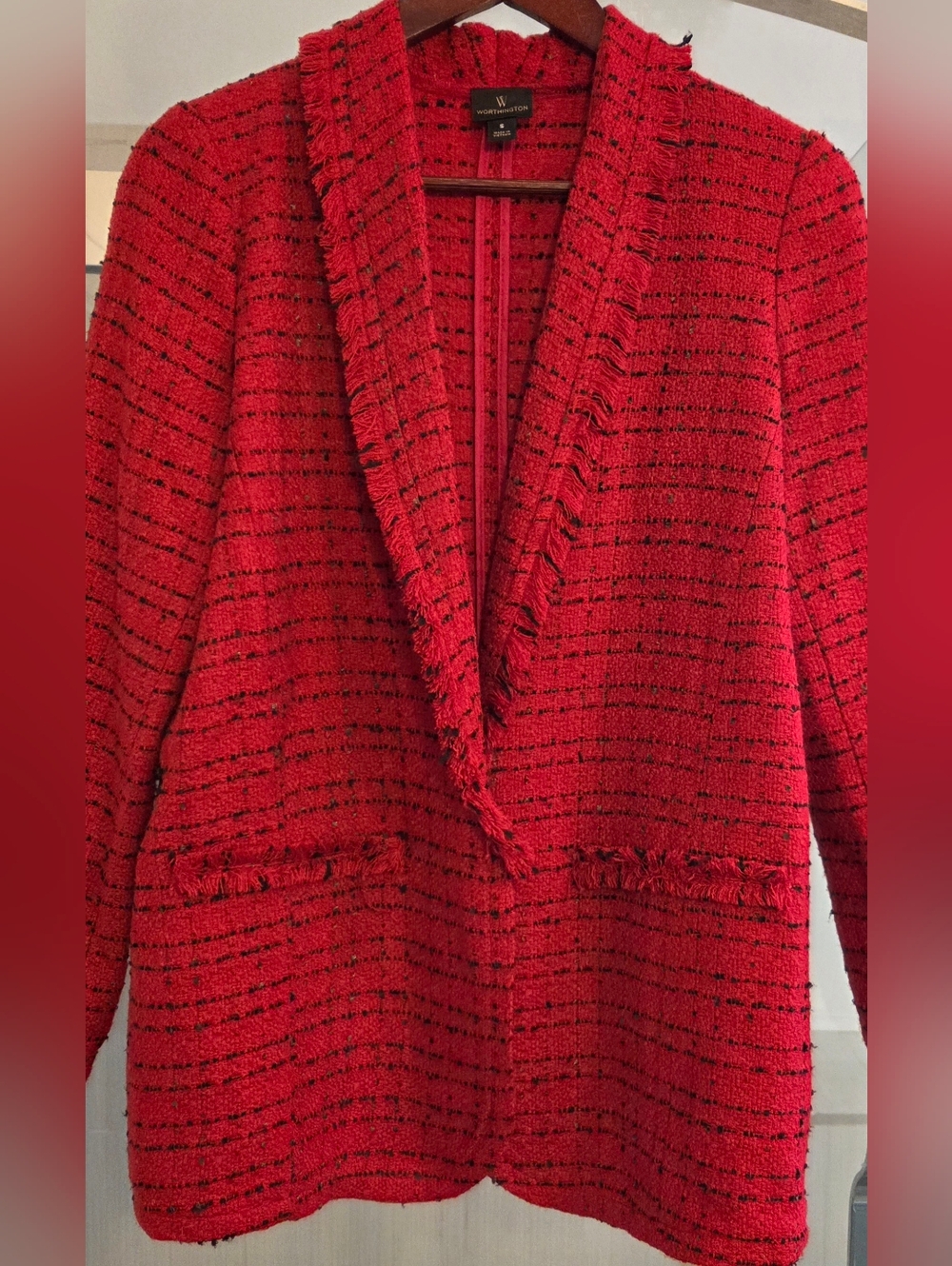 Worthington Red Tweed Fringe-Trim Blazer Jacket